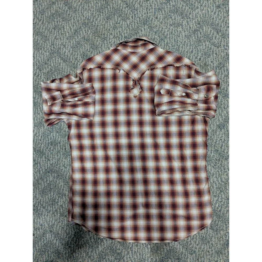 Arizona Jean Company Mens Western Plaid Snap Button Shirt Burgundy Tan Medium - Picture 2 of 6